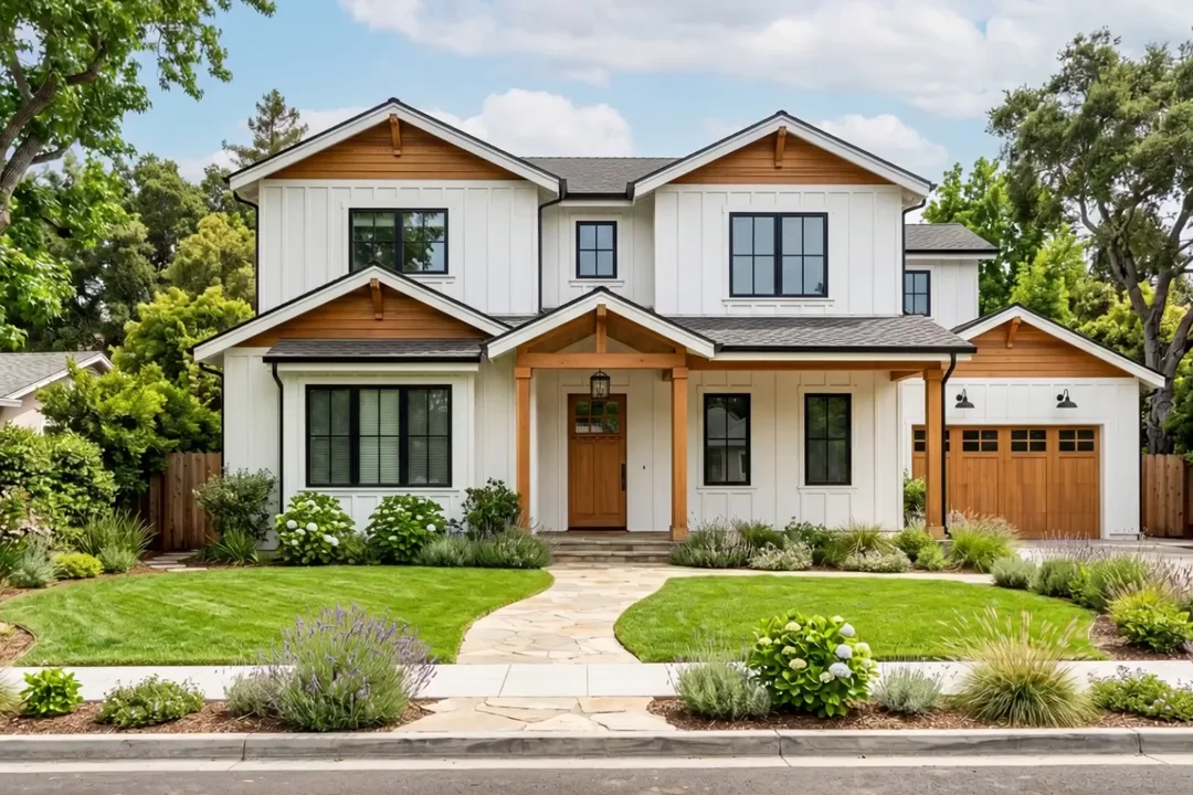 Push-in on a modern farmhouse-style home