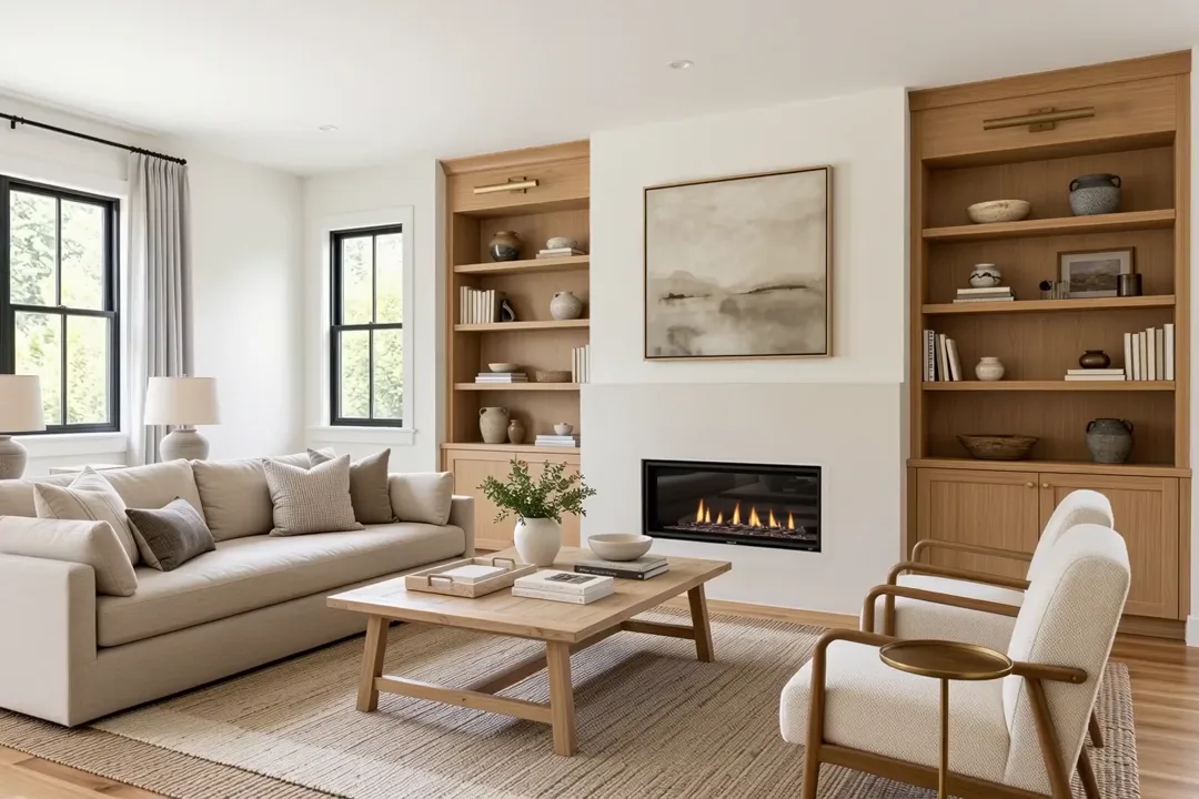 Orbit through a living room with a fireplace and built-in shelving